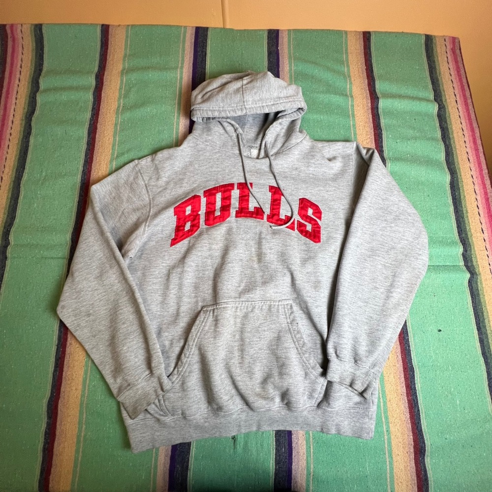 Y2k Chicago Bulls Hoodie Mens Medium Gray Red Spellout Pullover Basketball Sweat